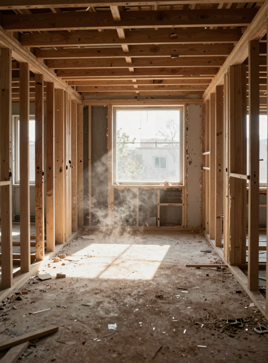 Wide interior shot of a gutted room mid-renovation — exposed structural framing and subfloor visible, natural daylight pouring through an unfinished window opening, dust motes in the air, no staging, no workers present