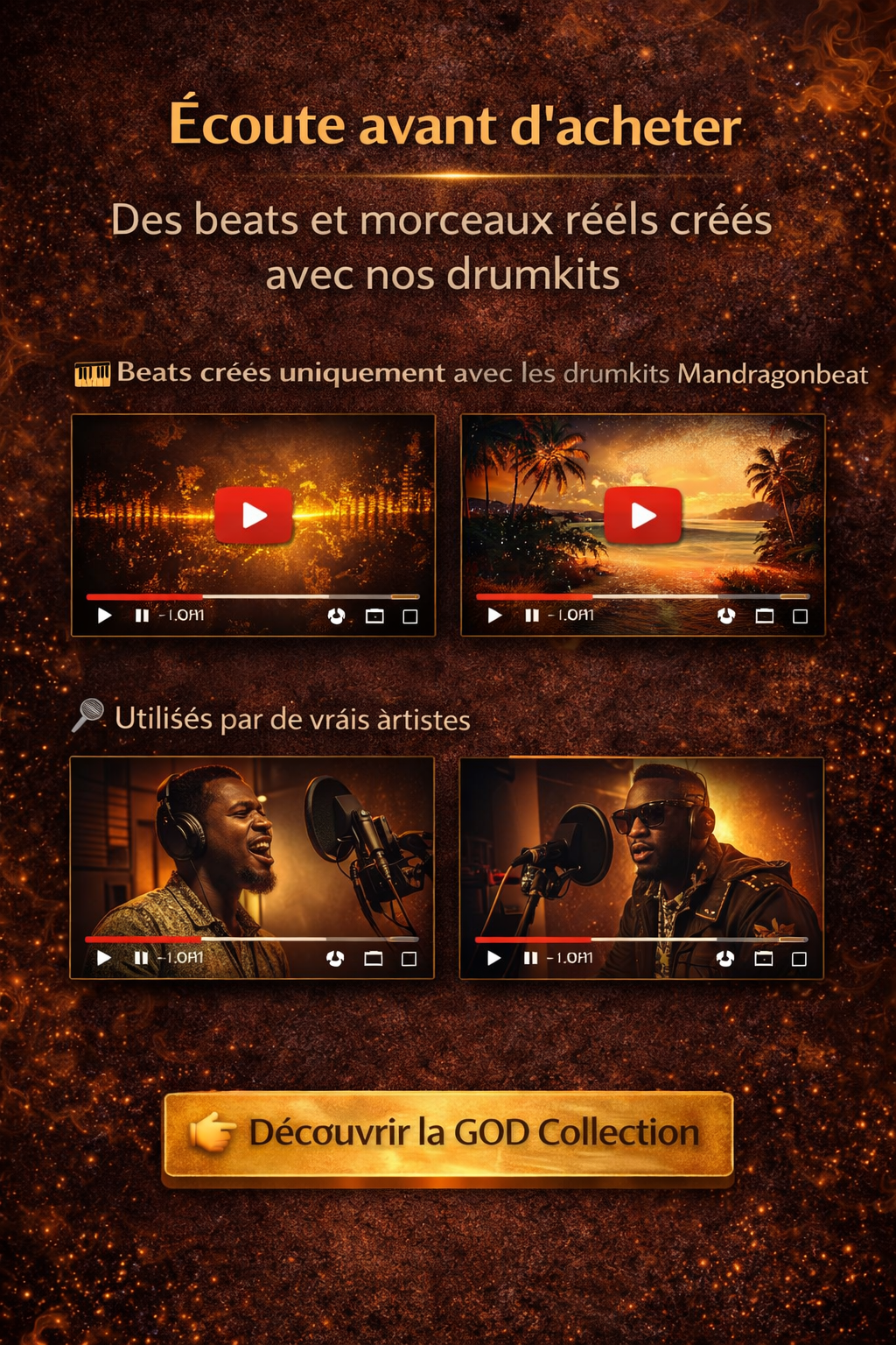 Extraits vidéo/audio de beats créés avec les drumkits Mandragonbeat par des producteurs et artistes.