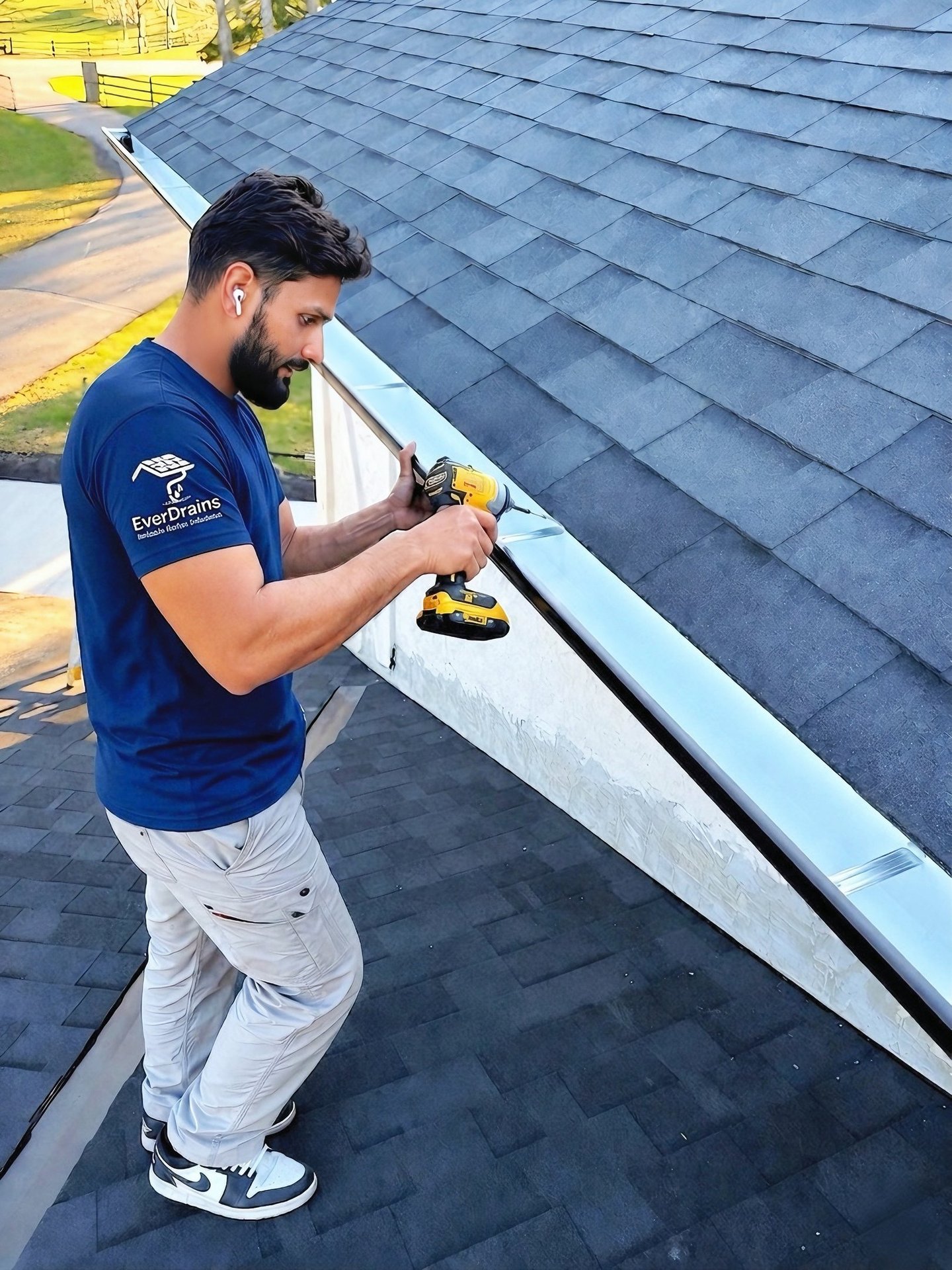 EverDrains technician installing seamless aluminum gutters on residential roof in Calgary Alberta