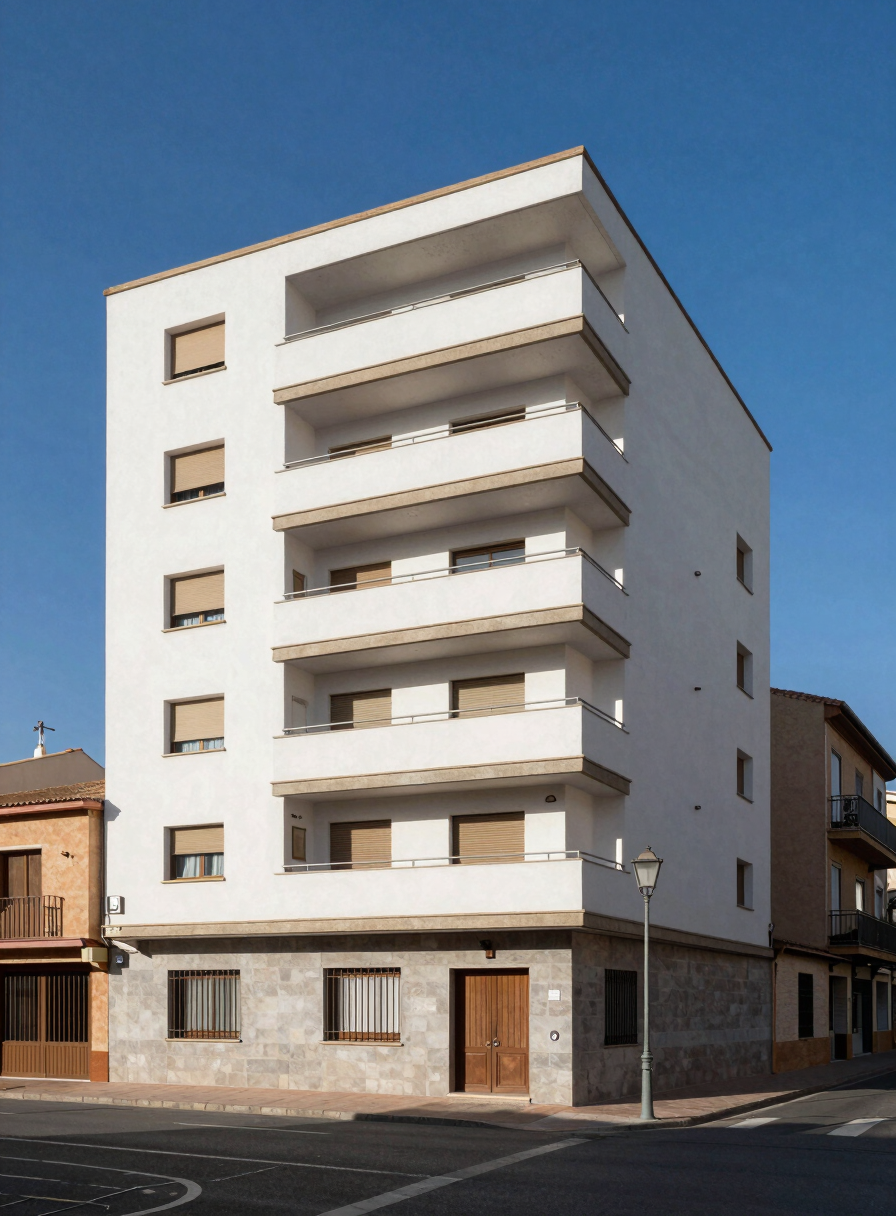 Wide daylight exterior of a mid-rise residential building in a Catalan town, facade in sharp focus, clear blue sky, street-level framing with no people visible, clean architectural lines