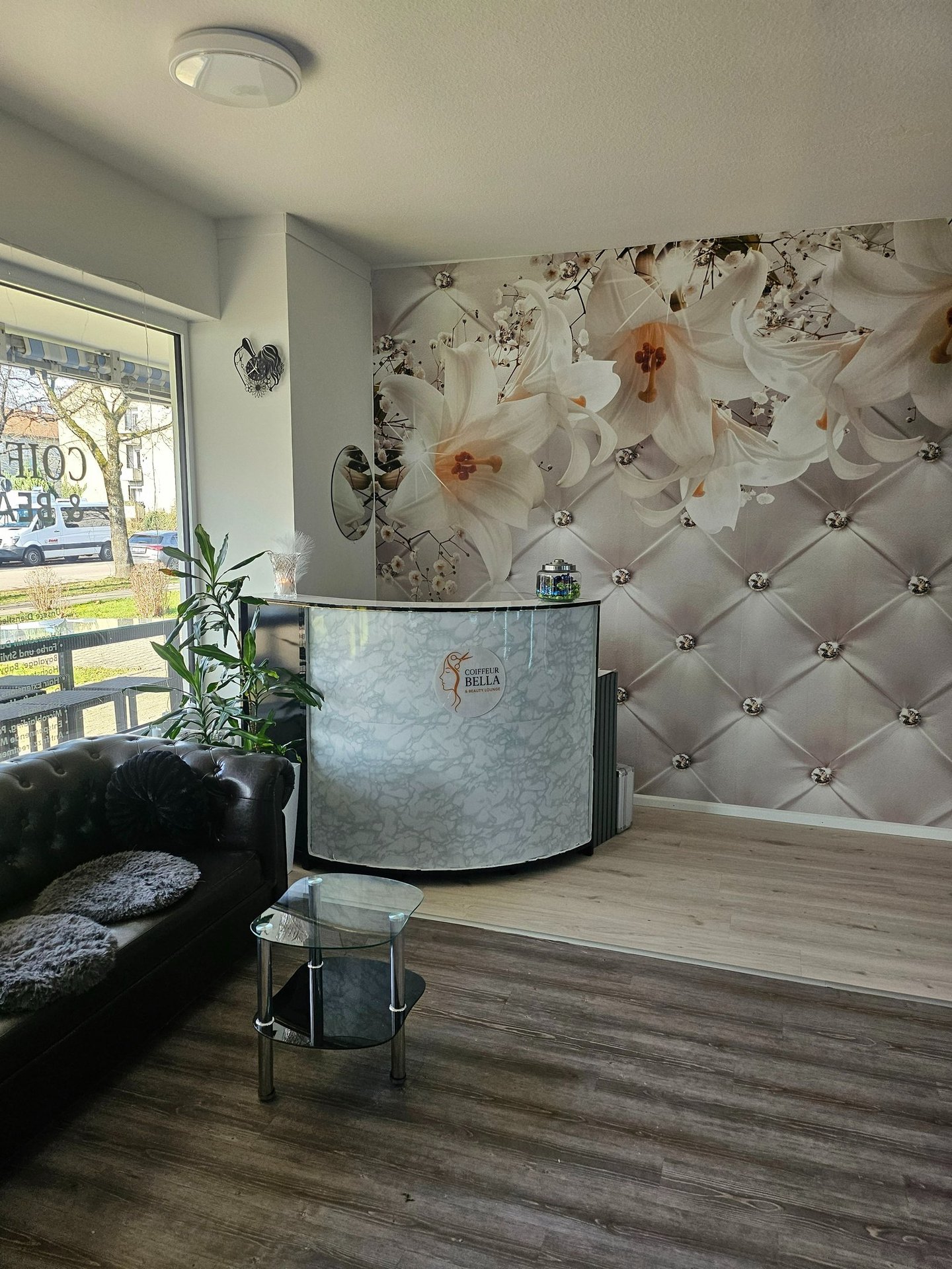 a reception area with a reception table and a reception table