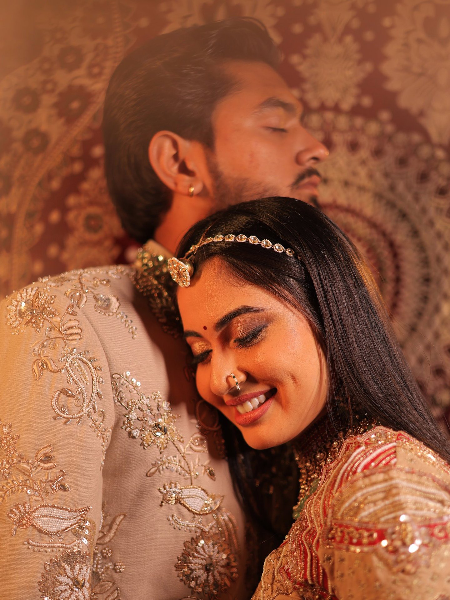 Intimate side profile of a bride and groom, highlighting the bride's stunning HD makeup finish, glow