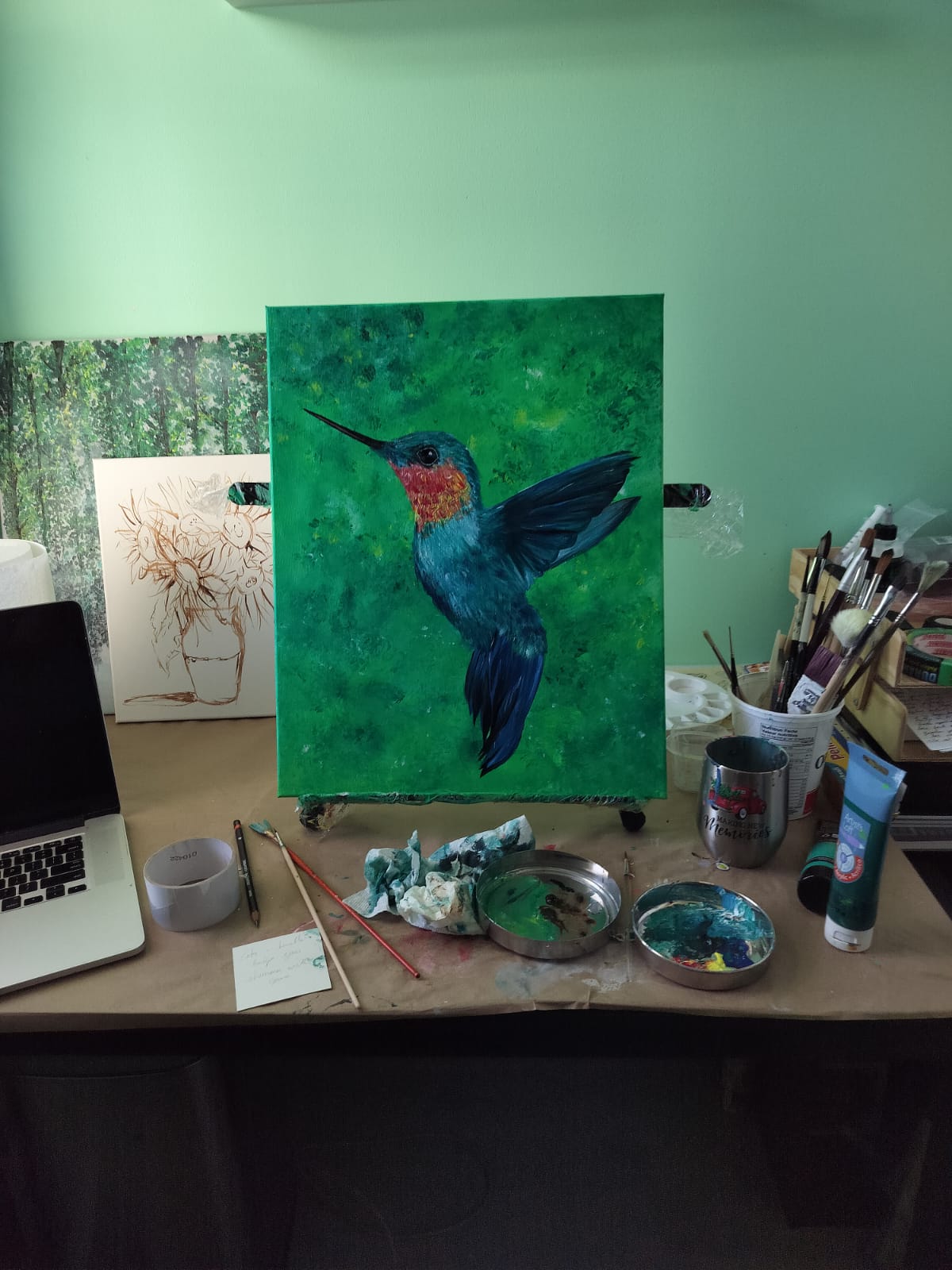 a painting of a hummingbird in flight
