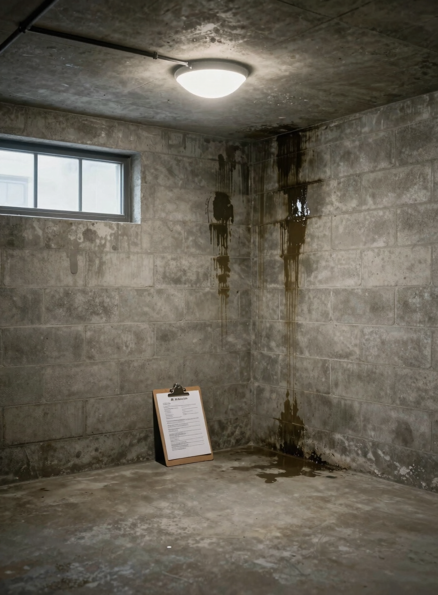 Wide environmental shot of an empty residential basement corner under clinical overhead lighting, visible water staining and efflorescence on concrete block wall, a clipboard with inspection notes resting against the wall, daylight filtering faintly from a small ground-level window