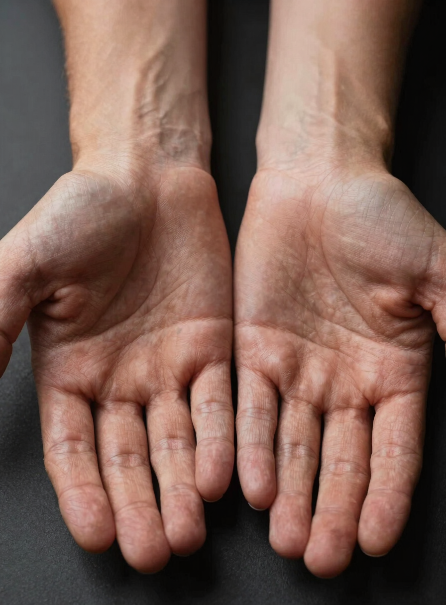 Extreme close-up of two open palms placed side by side on a dark matte surface, skin tones warm, deep palm lines sharply defined under directional studio light, fingers relaxed, wrist edges visible at bottom of frame