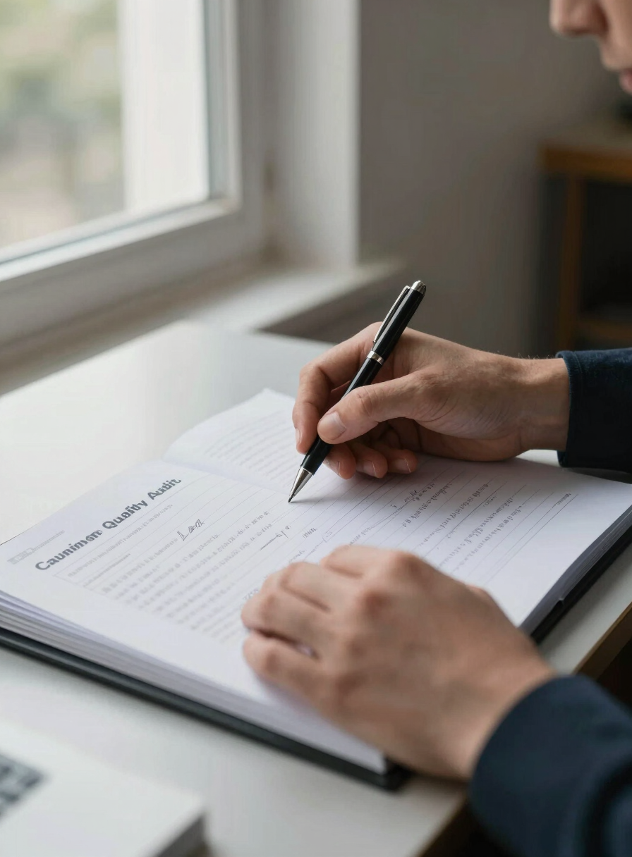 Close-up of hands reviewing a quality audit binder on a desk, natural window light from the left, a pen resting on an open page with handwritten annotations, calm institutional setting
