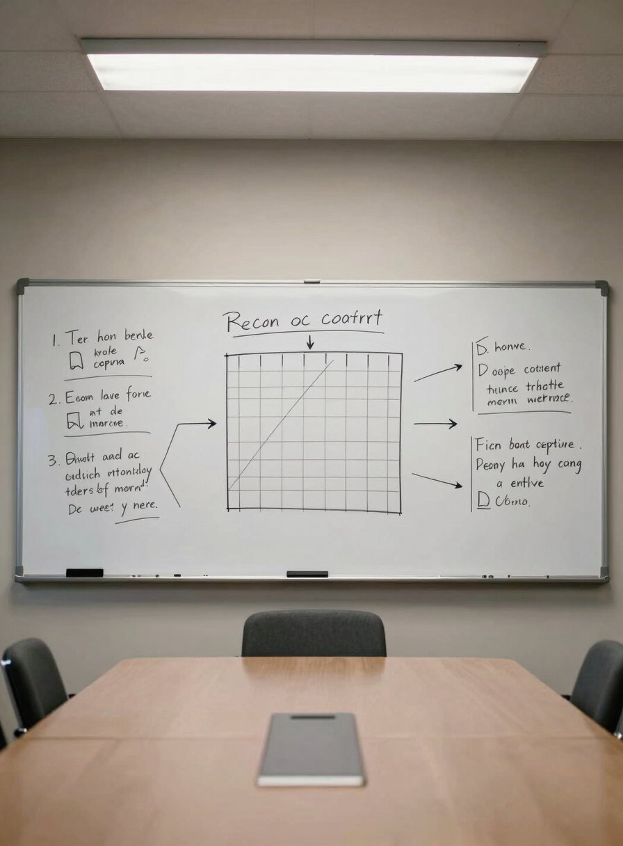 Wide shot of an empty conference room at off-hours, whiteboard covered in marker diagrams and arrows, single overhead fluorescent light, half-erased decision matrix visible, no people