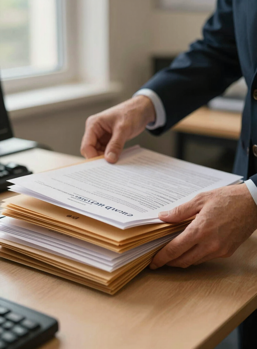 Close-up of a Corfenalce staff member's hands sorting loan folders on a desk, natural office daylight from a window to the left, warm paper tones, shallow depth of field