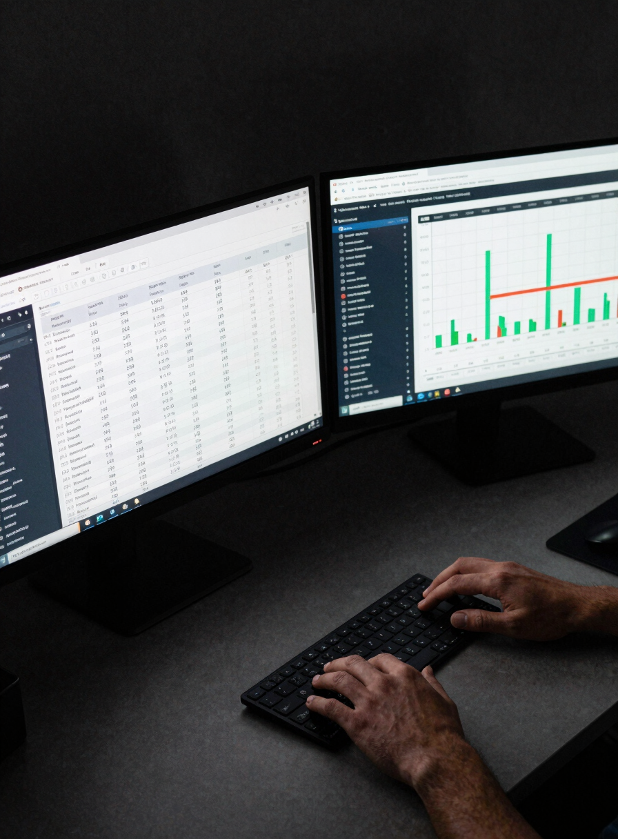 Wide overhead shot of a dark desk with two monitors displaying campaign performance dashboards, budget allocation tables and ROI delta charts visible, a hand resting near a trackpad, cool studio lighting, high contrast, no face visible