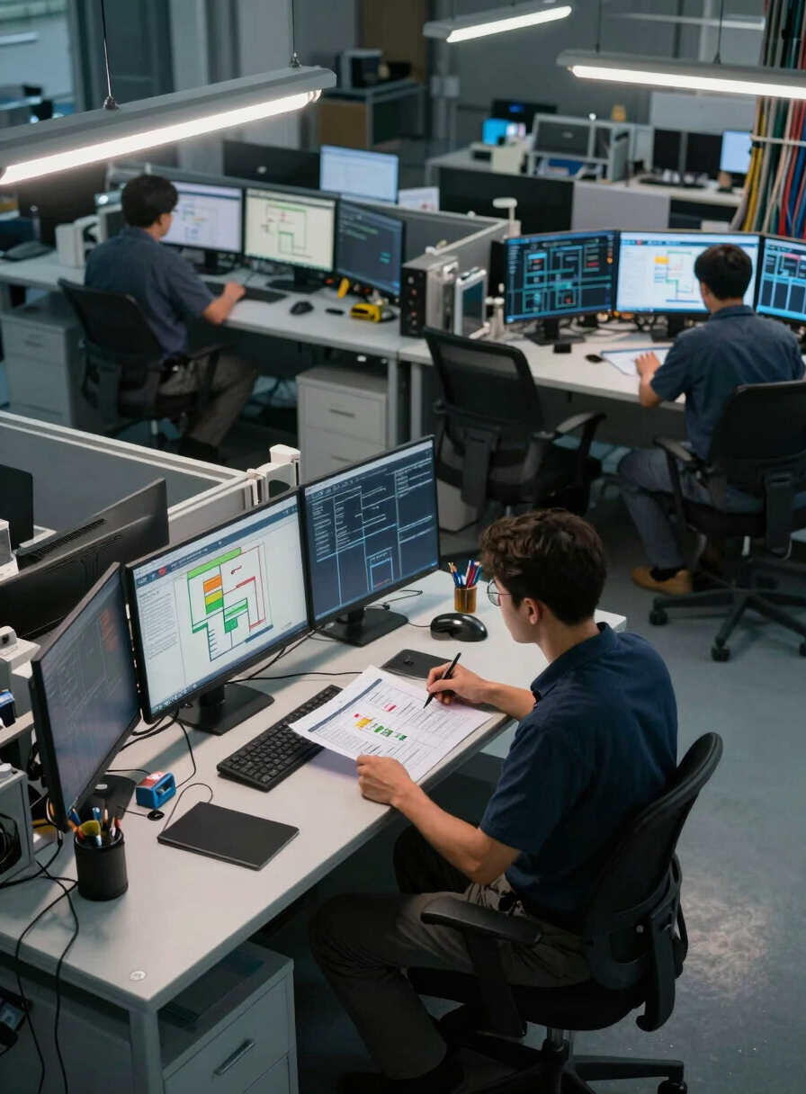 Overhead shot of an enterprise operations floor with multiple workstations displaying live dashboards and process diagrams, cool directional light from ceiling fixtures, infrastructure cables visible along the right edge, two technicians reviewing printed workflow documentation at a central desk
