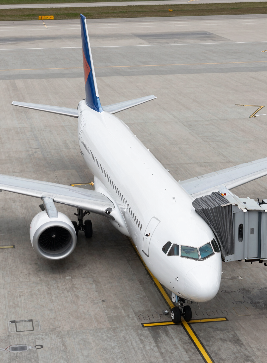 Bird's-eye view of a commercial aircraft parked at a tarmac gate, clean overcast daylight, no shadows, minimal airport ground markings visible below the wing
