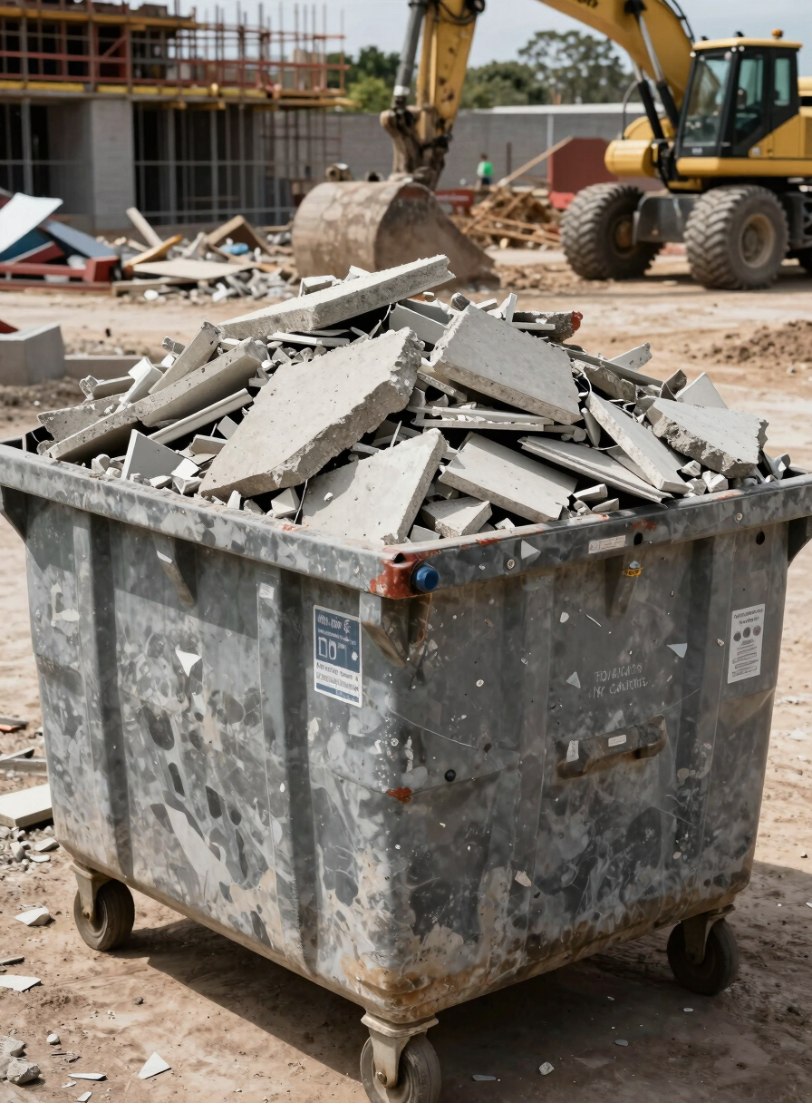 Close environmental shot of a large 10 cubic meter dumpster bin filled to capacity with concrete rubble, broken tiles, and structural debris on an active construction site in Rio Grande do Sul, bright flat daylight, bin showing wear and capacity markings, construction machinery partially visible in background, wide framing showing scale of the bin relative to the site