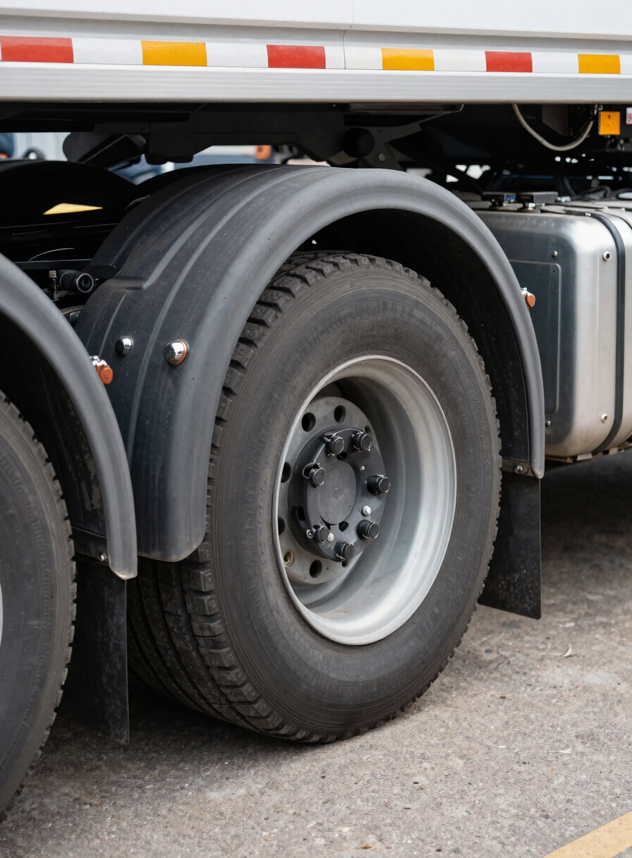 Tight close-up of a heavy truck's fifth-wheel coupling and trailer connection, concrete yard surface below, natural midday light, industrial steel detail in sharp focus