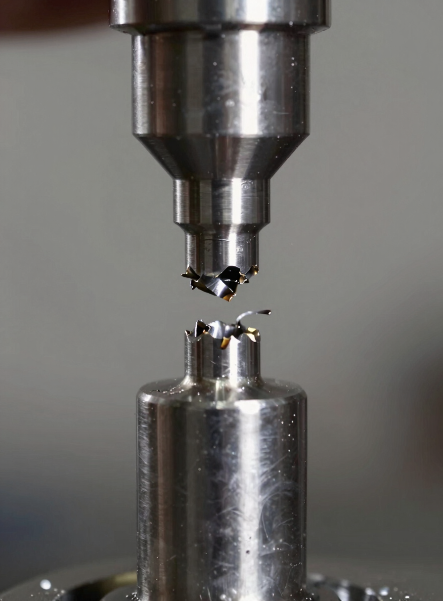 Extreme close-up of a lathe cutting tool removing a steel chip from a cylindrical shaft, harsh neutral studio light revealing the machined surface finish, metal shavings curling away mid-cut, no human hands visible