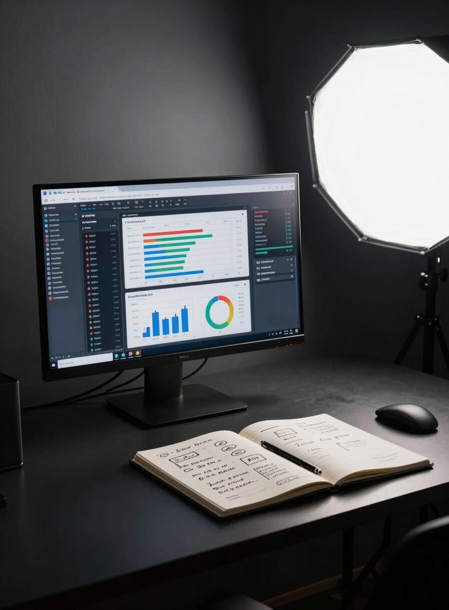 Wide panoramic view of a dark minimal desk workspace, a large monitor showing a live analytics dashboard with conversion funnels and campaign metrics, a notebook with handwritten strategy notes in the foreground, high-contrast studio strobe from the upper right, deep shadows on the left, monitor glow as the primary light source, no person visible