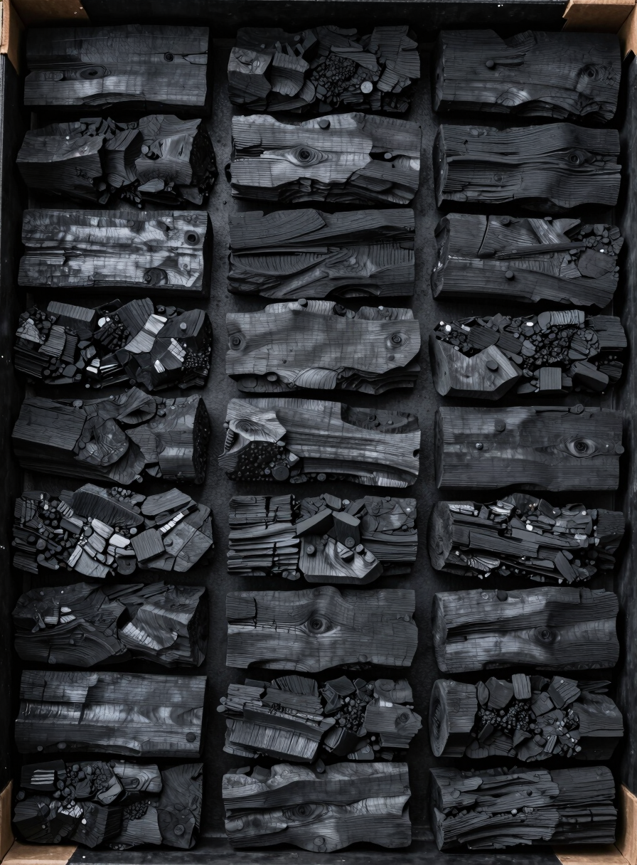 Overhead flat-lay of organized hardwood charcoal pieces arranged in a regulated export carton, controlled daylight illumination, matte black surface, tight framing showing uniform grain size and consistent density, no people no flames