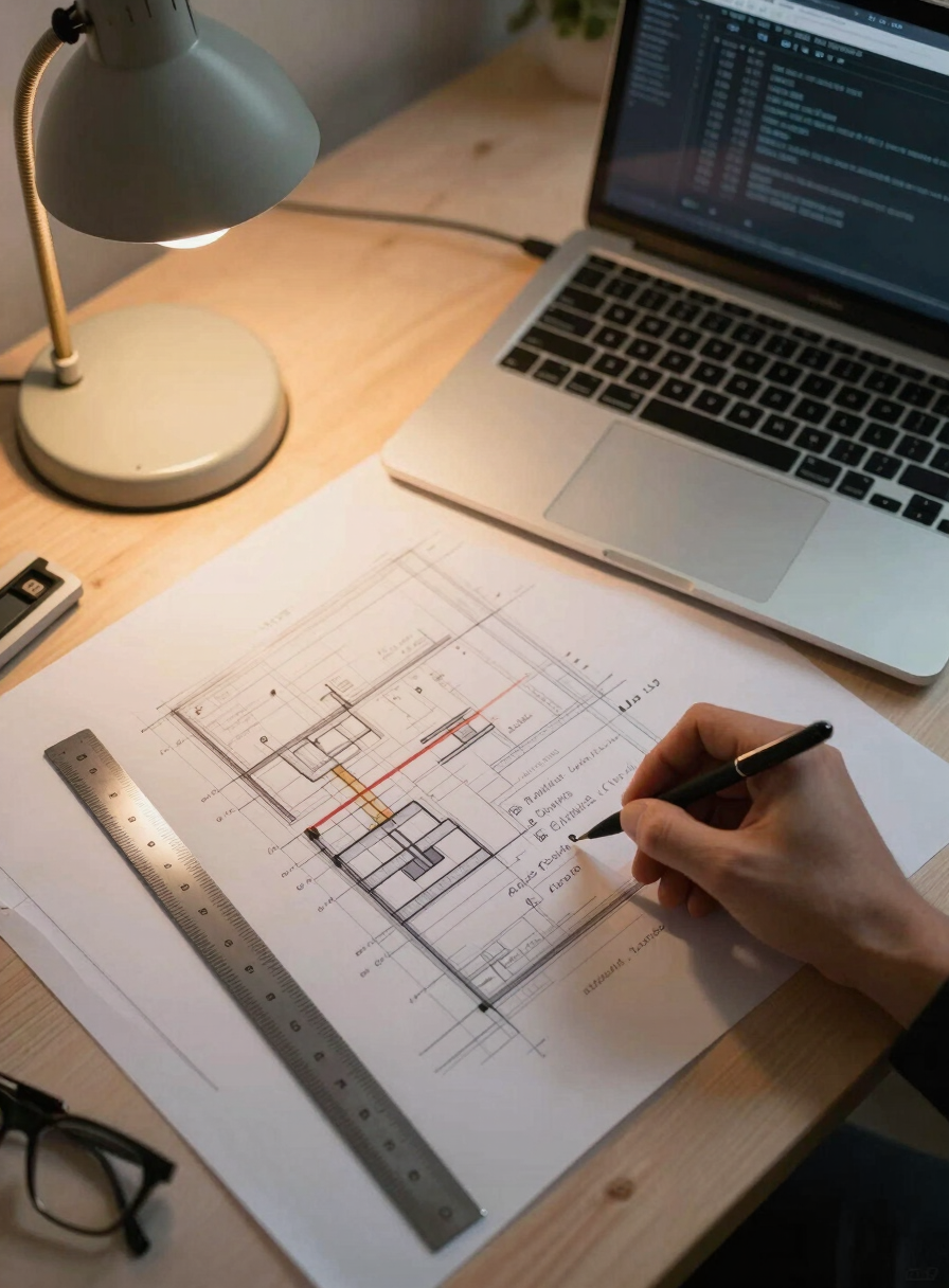 Close overhead shot of an engineer's desk — printed architectural diagrams annotated with pencil markings, a ruler aligned along a system boundary line, a half-open laptop showing a terminal window in the upper right, warm tungsten desk lamp light from the left, no people visible, quiet and focused
