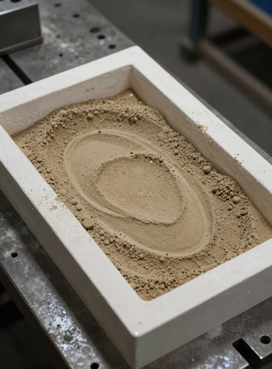 Close-up overhead framing of a sand casting pattern tool resting on a workbench, industrial diffuse light from above, casting surface texture visible, no hands