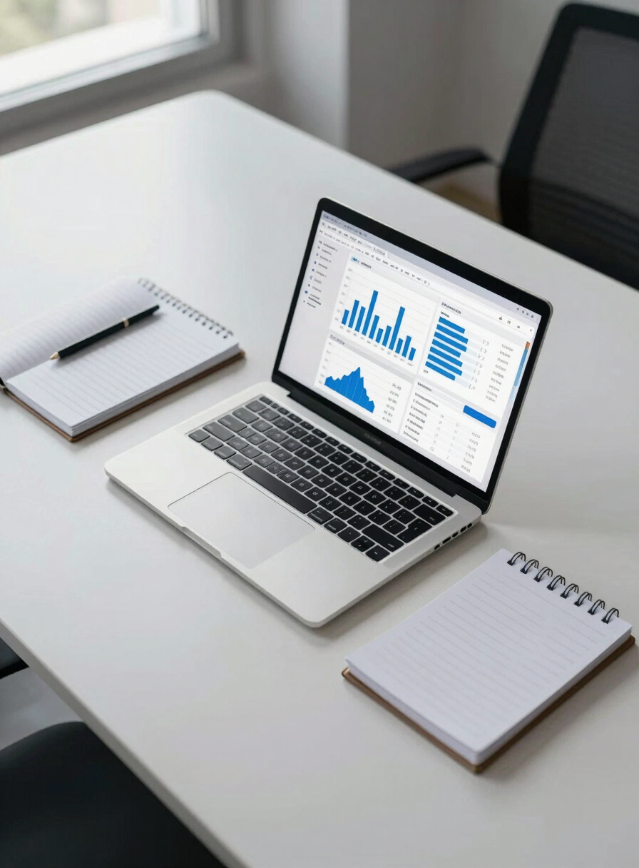 Wide-angle view of a minimalist office desk from above, a laptop screen displaying an analytics dashboard with blue metrics charts, keyboard and notebook beside it, cool north-facing daylight, no people in frame