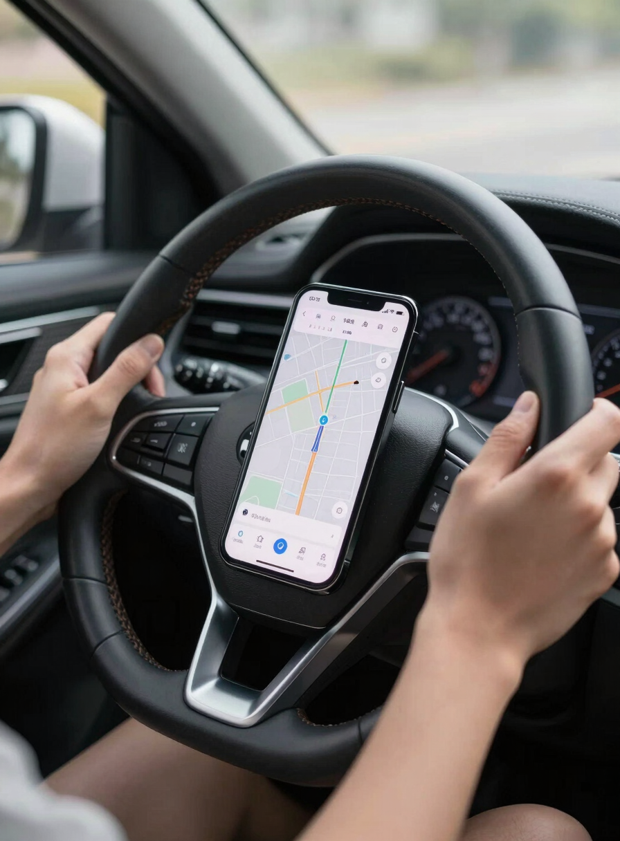 Hands resting on a car steering wheel, a smartphone mounted on the dash showing a clean route map interface, soft north-facing indoor ambient light, neutral interior, precise framing