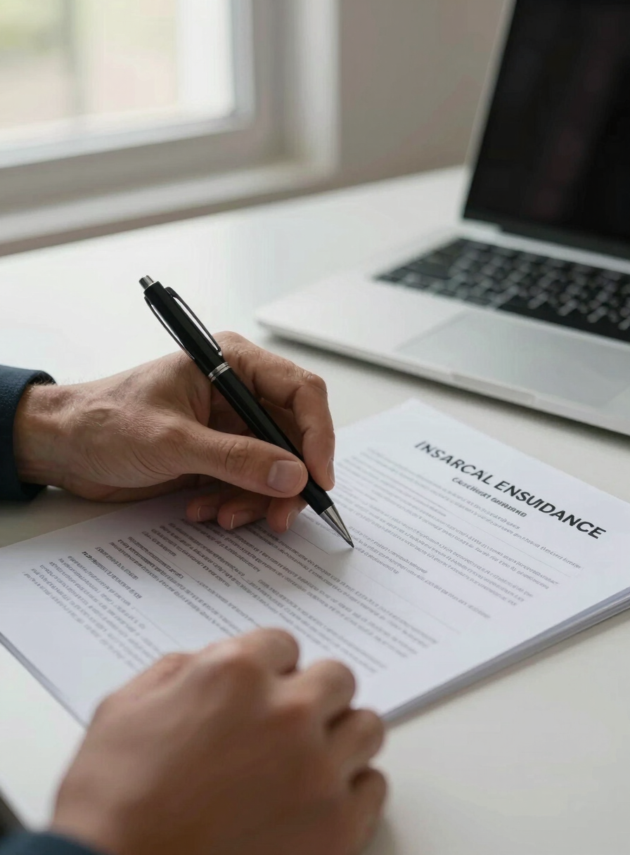 Close-up of insurance professional's hands annotating a printed coverage policy document on a desk, pen in motion, natural window light from the side, a laptop partially visible in background, documentary framing, Argentine office context