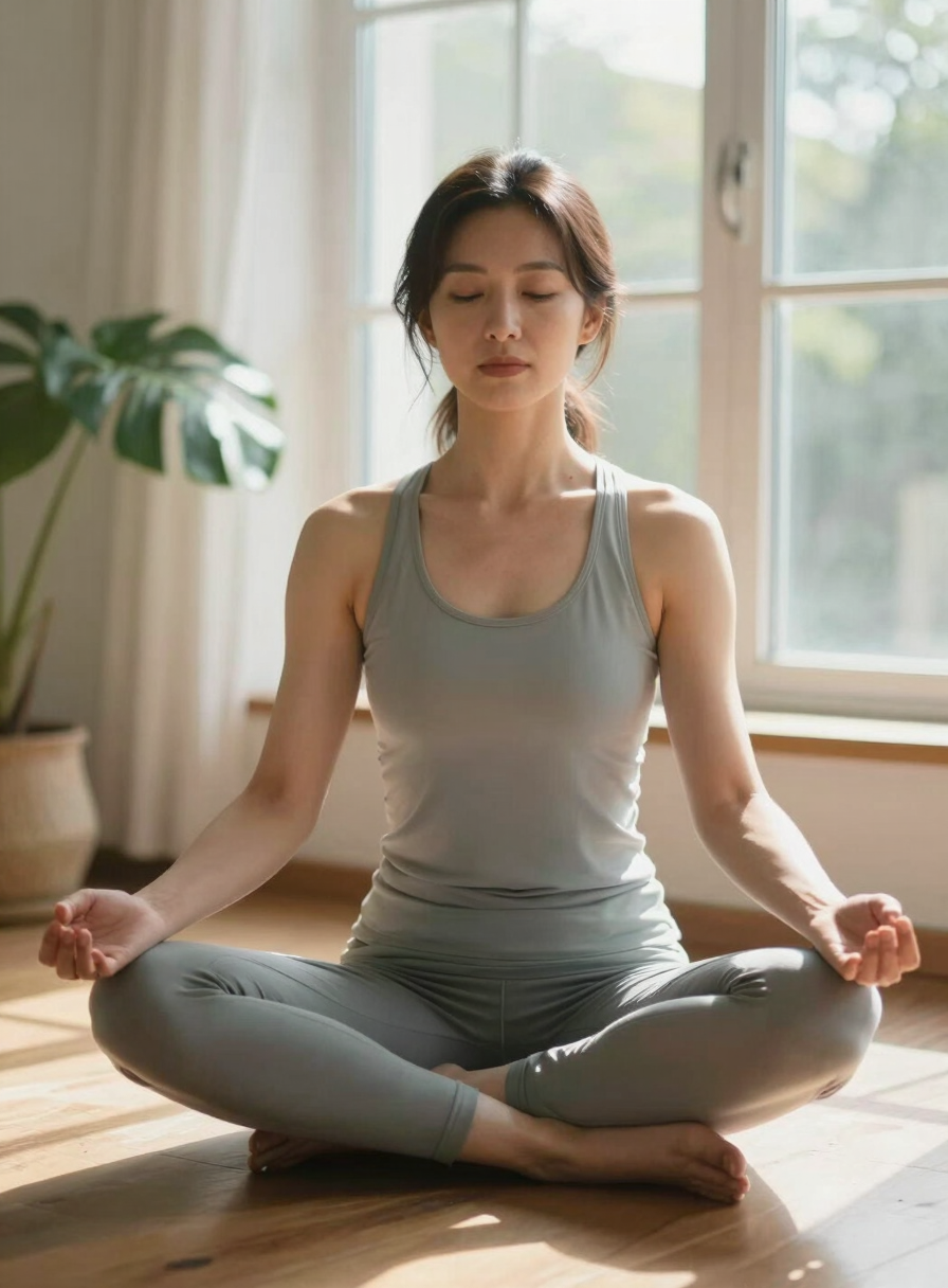 Medium portrait shot, woman in her mid-thirties seated cross-legged on a wooden floor near a sunlit window, hands resting on knees in a gentle yoga position, soft morning light streaming across her face and shoulders, pale green houseplants visible in the background, calm and unhurried mood