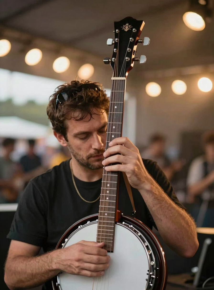 Close environmental portrait: banjo headstock and tuning pegs in sharp foreground, Enda's hands visible mid-frame adjusting strings under warm amber stage lighting, festival venue backdrop softly out of focus, tungsten glow from overhead rigs catching the instrument's surface