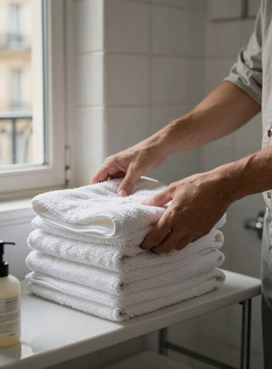 Close-up framing of a pair of hands in neutral workwear restocking folded white towels on a bathroom shelf in a Parisian apartment, natural daylight from a small window to the left, the shelf detail and towel texture sharp in focus, a well-maintained tiled wall behind
