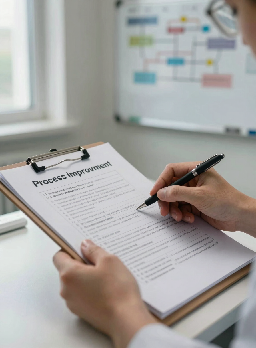 Close-up of hands reviewing a process improvement document on a clipboard, hospital whiteboard with flowchart visible in the background, natural window light from the left, clinical work table surface