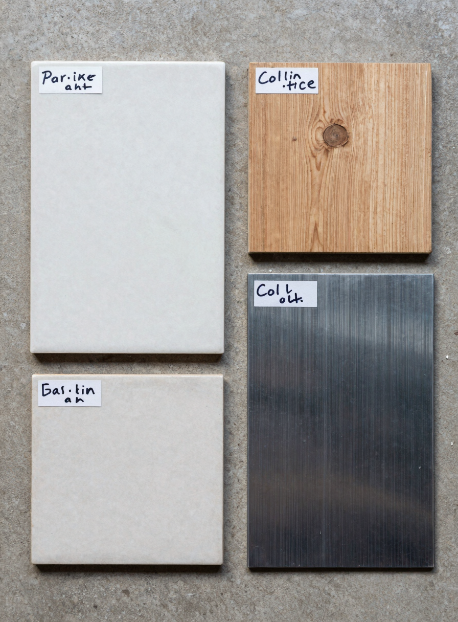Overhead flat-lay of material samples arranged on a concrete surface — ceramic tile sections, a timber plank cross-section, cold-rolled steel sheet — with handwritten spec labels visible, even diffused daylight from above, no shadows, authentic material textures clearly visible