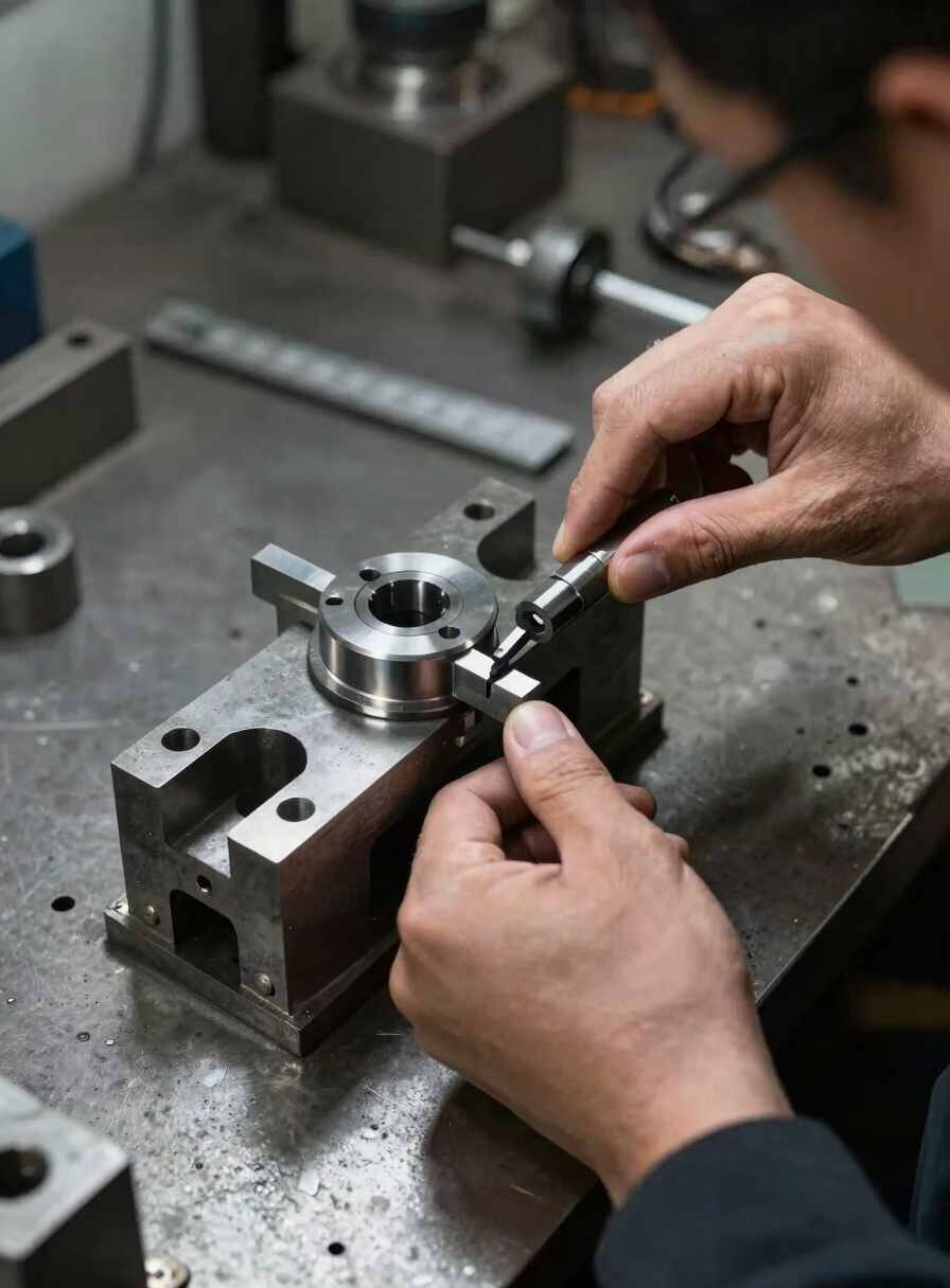 Close overhead view of a machinist's hands fitting a precision fixture component onto a steel jig, shop-floor task lighting casting crisp shadows, raw metal surfaces and measurement tools visible on the workbench
