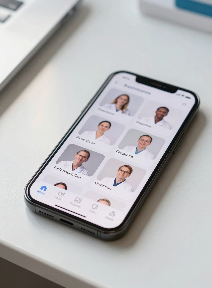 Close-up overhead of a smartphone screen on a white clinical surface showing a clean specialist selection interface, soft north-facing daylight from the left, no hands visible, minimal clinical environment