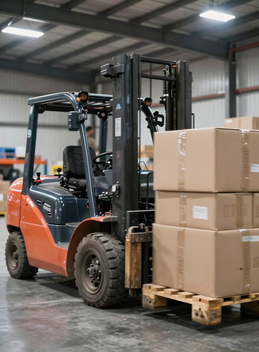 Close-up wide shot of a heavy forklift moving large industrial pallets inside a warehouse under fluorescent overhead lights, motion blur on the forks, concrete floor visible, no people in frame
