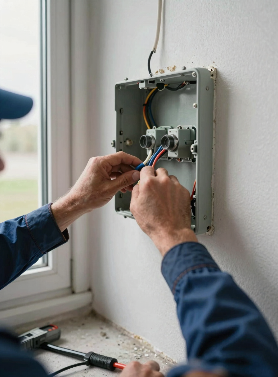 Environmental wide shot of an electrician's hands connecting wires inside an open wall junction box, natural light from a window to the left, exposed conduit visible along the wall, concrete floor below, tools on the surface nearby