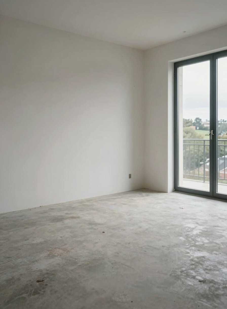 Wide documentary shot of a cleared Brittany apartment room, bare concrete floor swept clean, empty walls, overcast natural daylight through a large window on the right — scale of the space visible, no people, no objects remaining