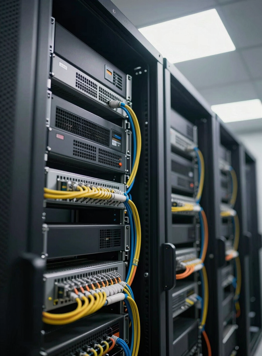 Close-up angled view of a dense server rack cabinet in a mid-sized data center, patch cables organized by color, rack unit labels visible, cool fluorescent overhead lighting casting hard shadows across cable management panels