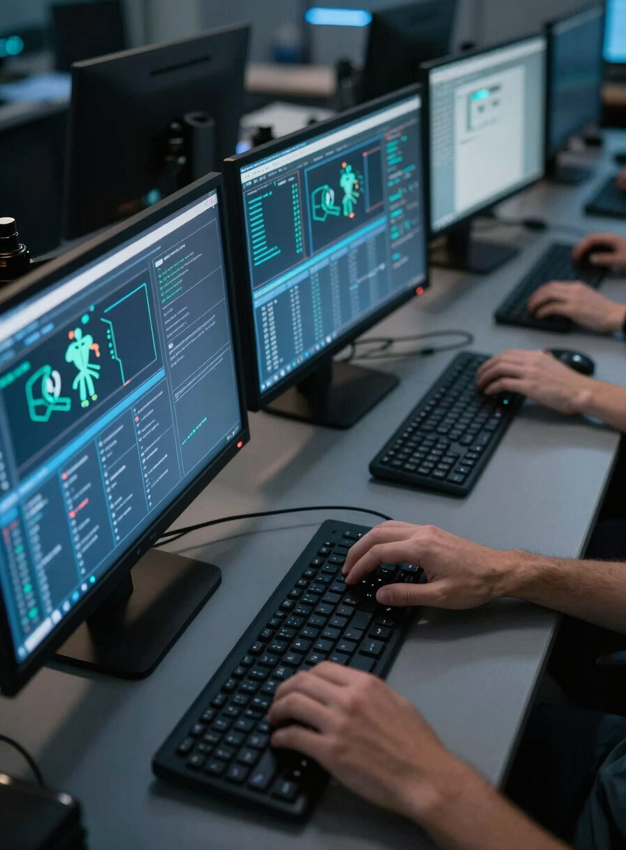 Close-up environmental shot of a cybersecurity lab, angled overhead view of multiple dark workstations with monitors showing SIEM dashboards, cool blue monitor glow reflecting on keyboards and desks, one analyst's hands visible actively typing, ambient dark room with precise task lighting, no text visible