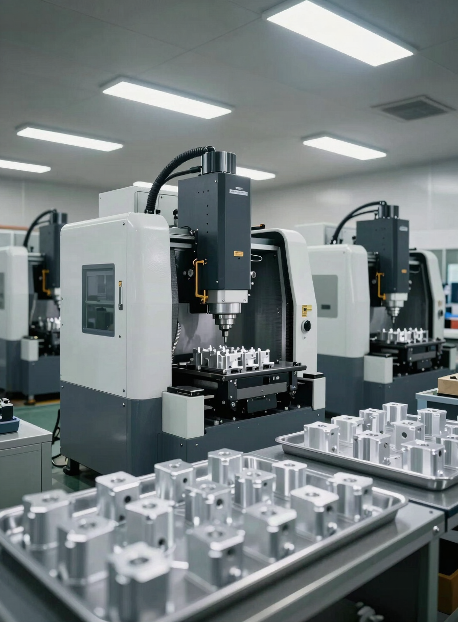 Wide shop-floor overview of a precision CNC machining bay, multiple vertical machining centres in operation under north-facing factory skylights, finished aluminium components in inspection trays in the foreground, steel-grey and white environment, no people, industrial documentary realism