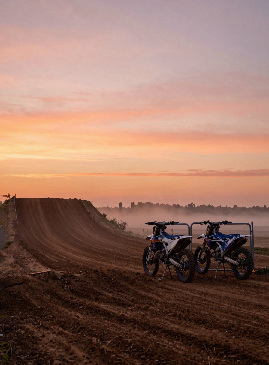Wide panoramic view of a motocross track at dawn, starting gate and gate boards silhouetted against an orange-pink sky, mist rising from the dirt surface, empty track stretching to the left third, expansive sky dominating the upper frame