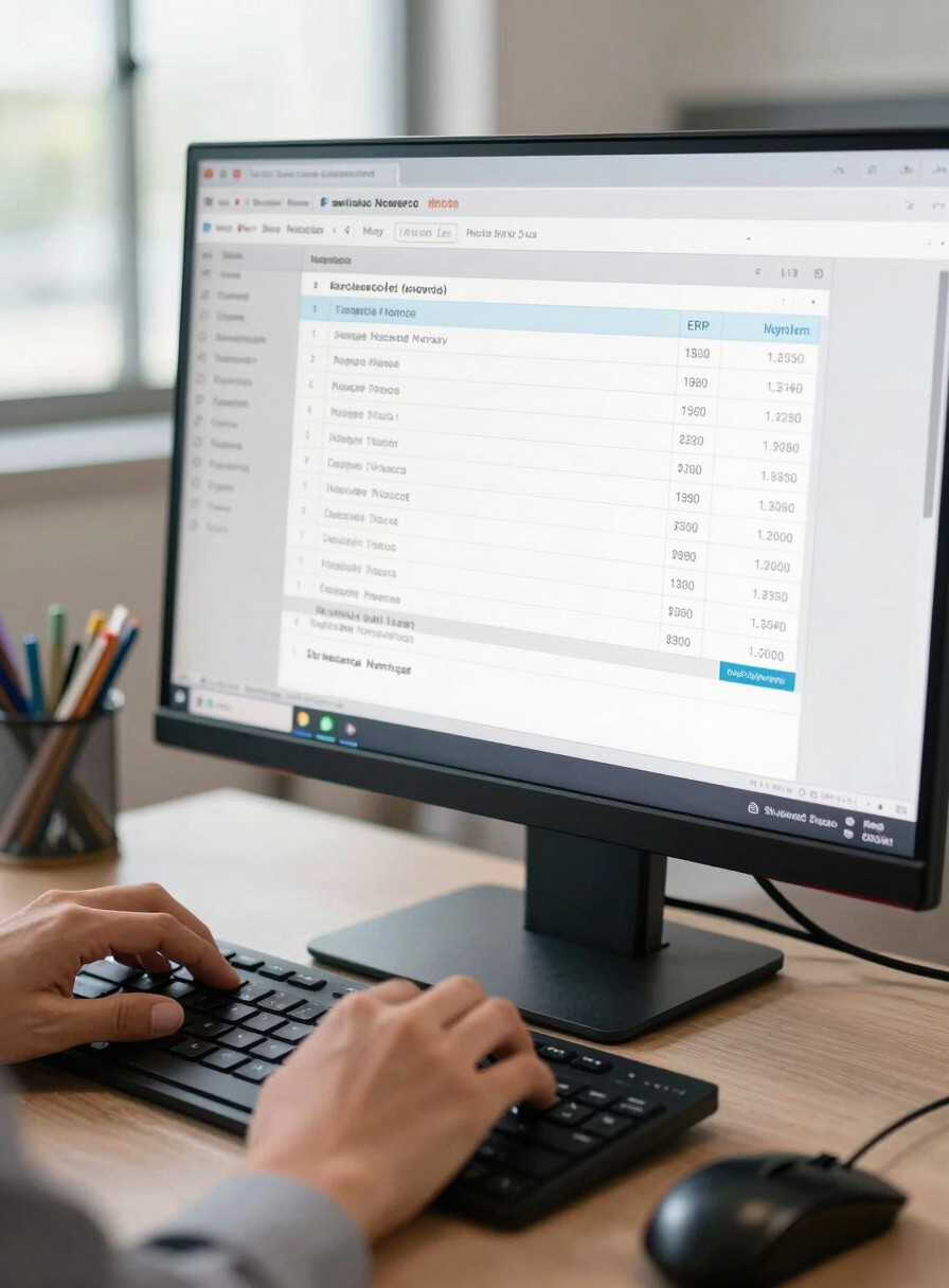 Close-up of a Malaysian business owner's hands navigating an ERP invoice creation screen on a monitor, bright office daylight from left, keyboard and mouse visible, focus on the screen showing line-item data entry