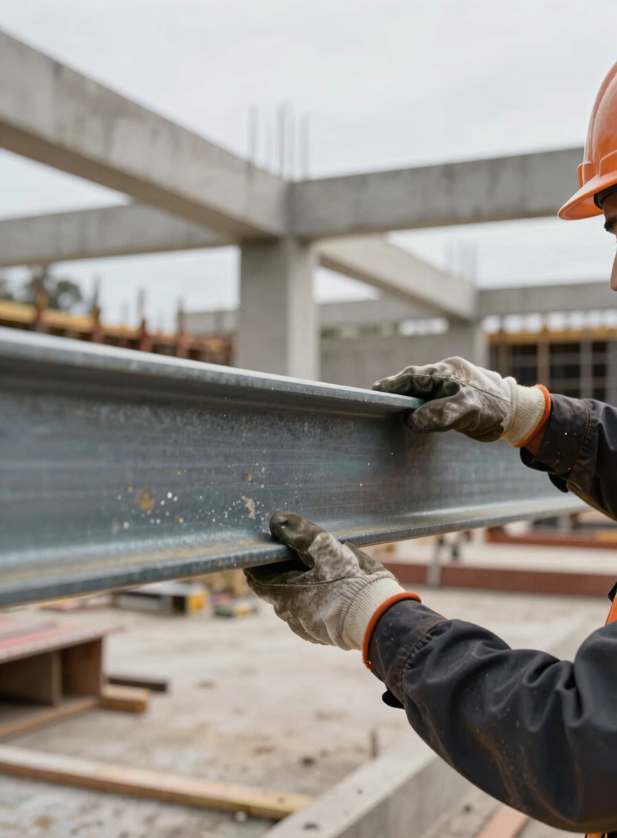 Close-up wide shot of a construction worker's gloved hands guiding a heavy steel beam into position on a job site, raw concrete structure visible in background, flat overcast daylight, dust in the air