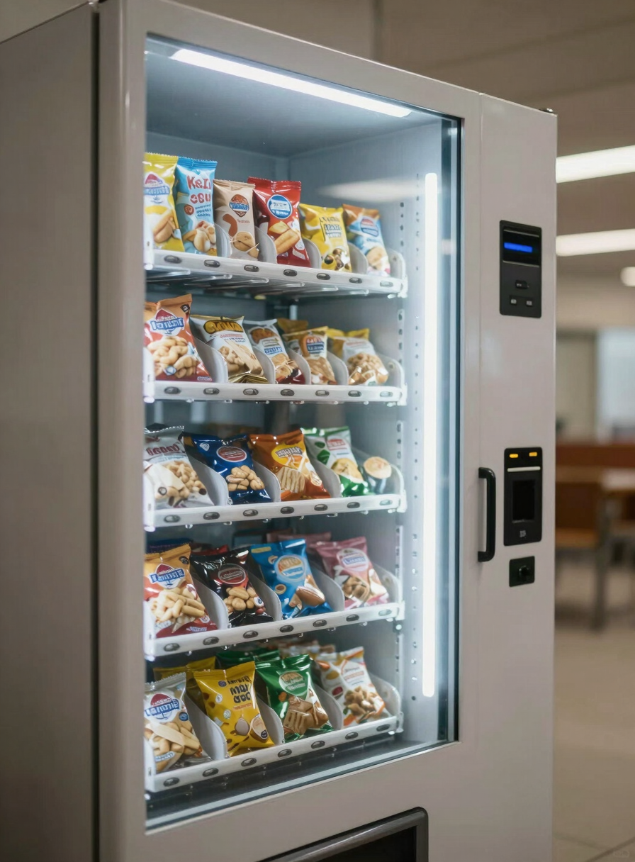 Close-up environmental shot of a modern snack vending machine installed in a university common area hallway, rows of packaged snack products visible behind glass, institutional fluorescent lighting, no people, cool-neutral tones
