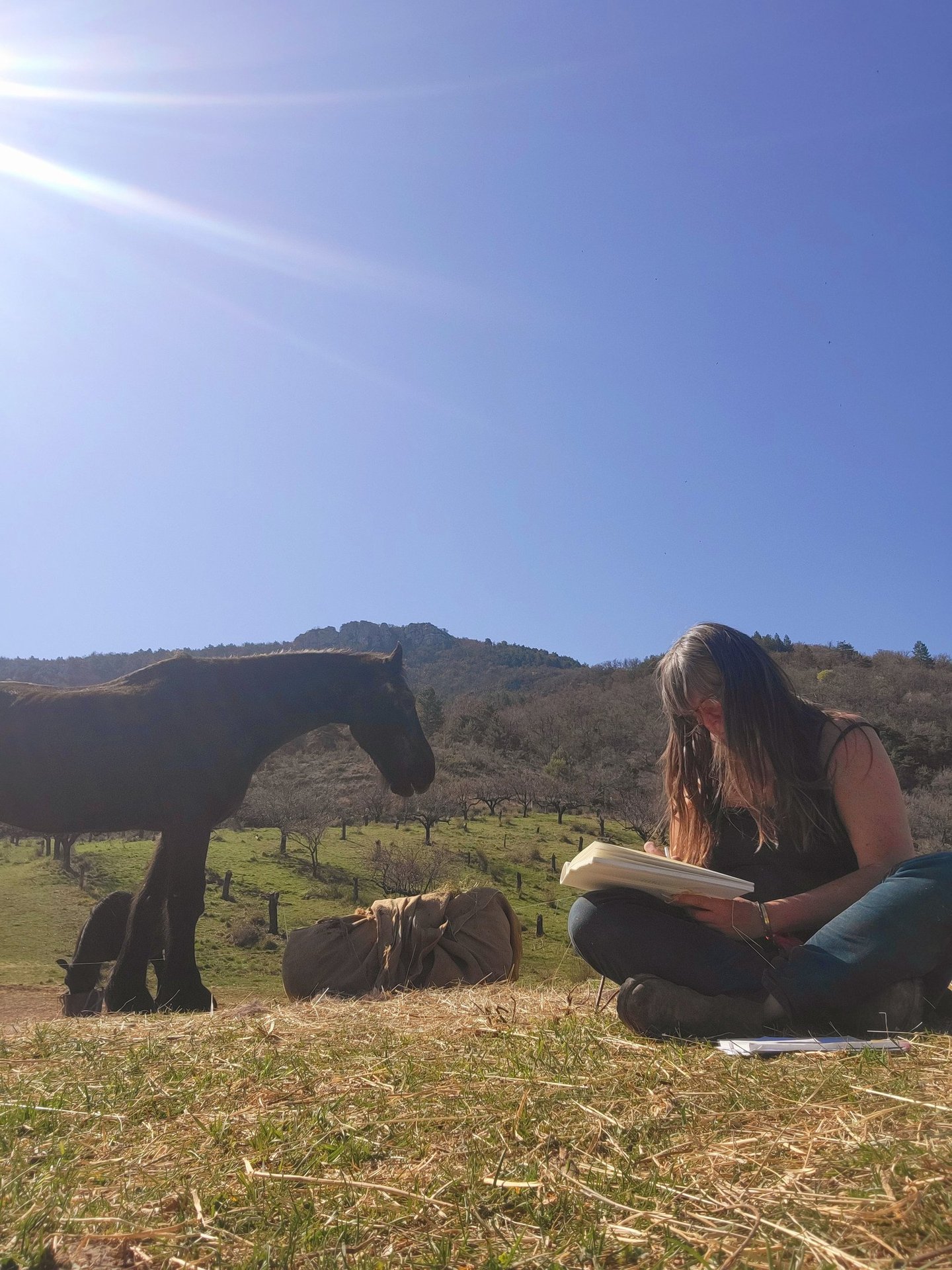 a woman sitting on the grass with a book in her hands and a horse behind her