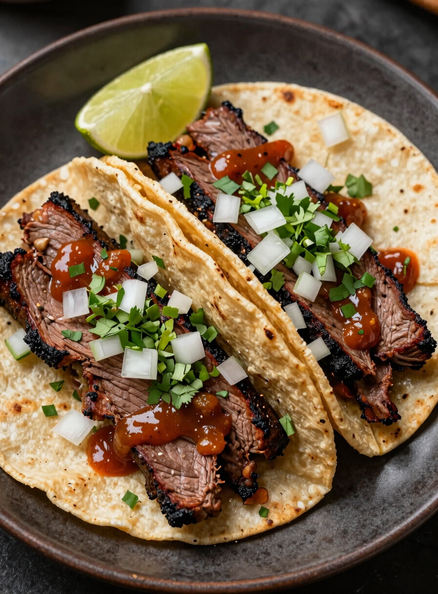 Extreme close-up overhead shot of a finished street taco on a dark ceramic plate, charred carne asada slices fanned across doubled corn tortillas, diced white onion and cilantro scattered over the top, a drizzle of salsa roja catching warm tungsten light, garnish of lime wedge at the edge