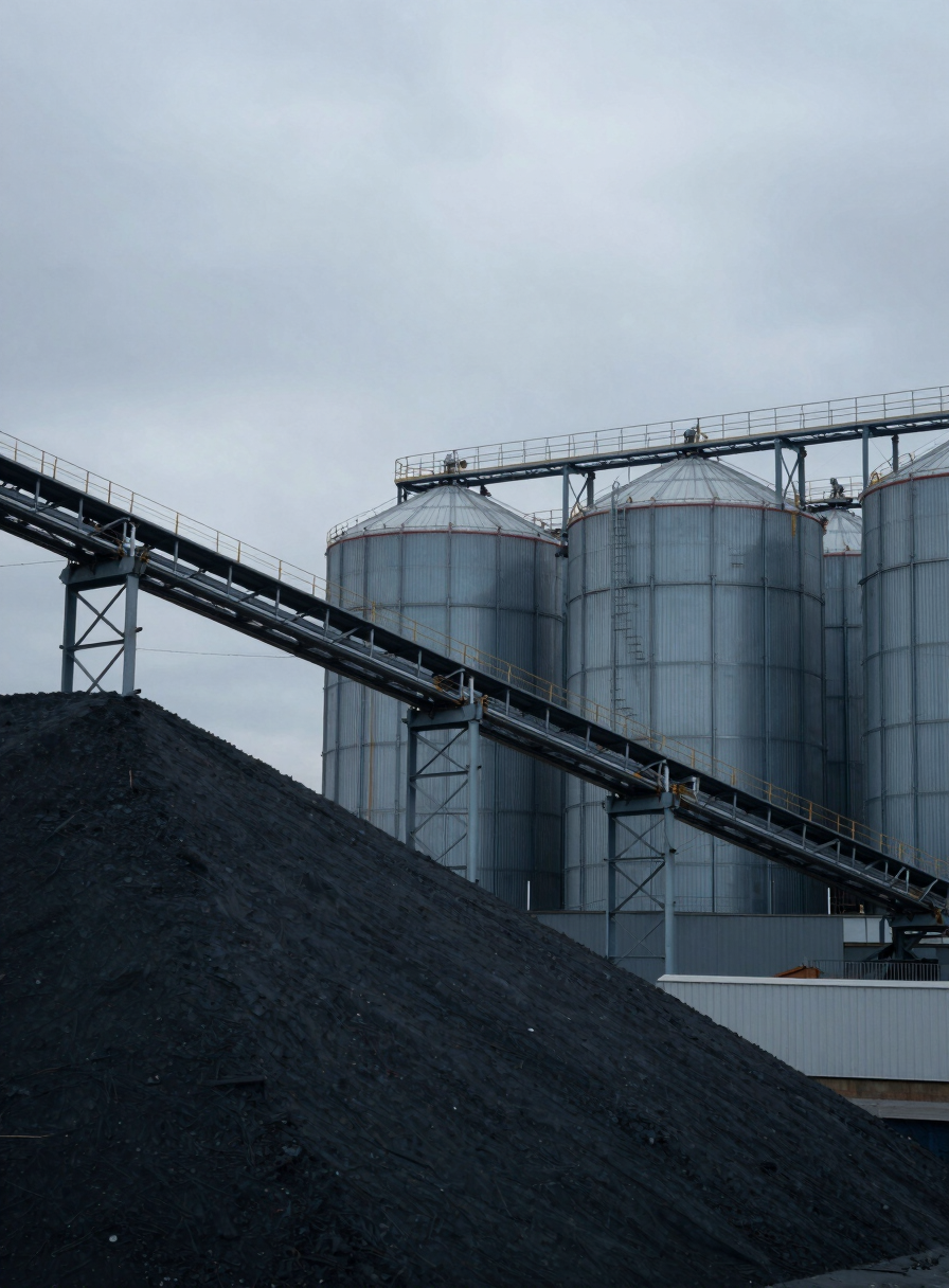 Close-up wide shot of a bulk commodity terminal, steel conveyor infrastructure and storage silos under flat overcast sky, cool grey industrial light, no people, muted navy and charcoal tones throughout