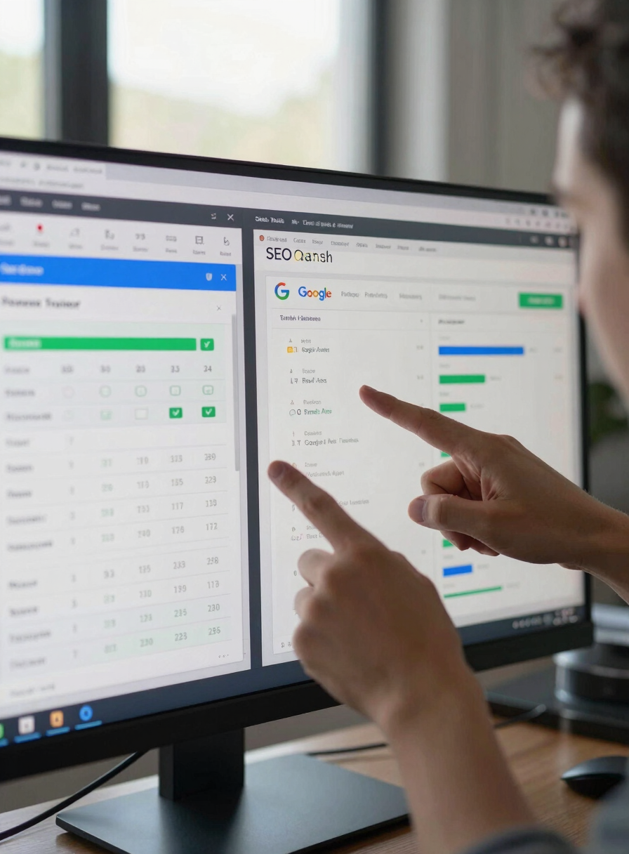 Close-up of hands pointing at a multi-panel screen showing an SEO rank tracker and a Google Ads performance report side by side, cool daylight from a nearby window, workspace partially visible in background