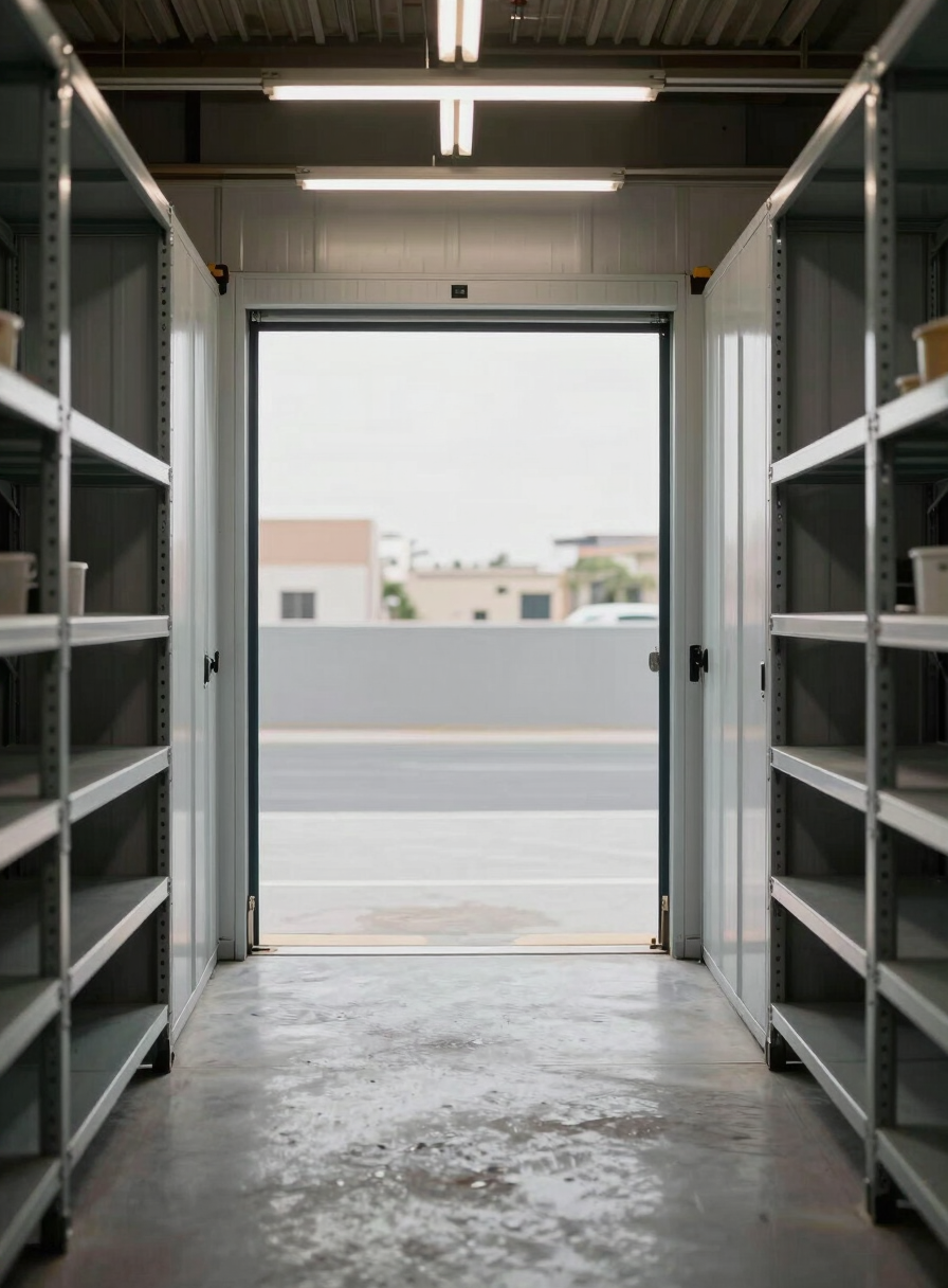 Straight-on interior shot of an open storage unit in Dubai Investment Park — metal shelving on both side walls, clean concrete floor, industrial strip lighting overhead, unit door rolled fully open, no people, overcast daylight from the corridor, sharp documentary framing