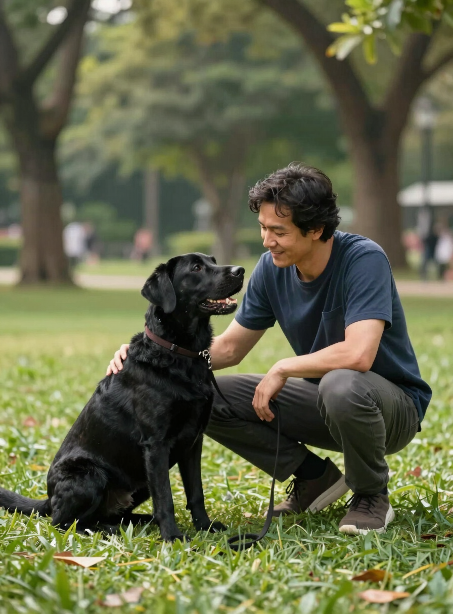 Wide shot of a man crouching in a sunny park, a black Labrador sitting attentively in front of him, leash loose on the grass, owner smiling with relief and concentration, natural daylight, trees softly blurred in background, genuine unposed moment
