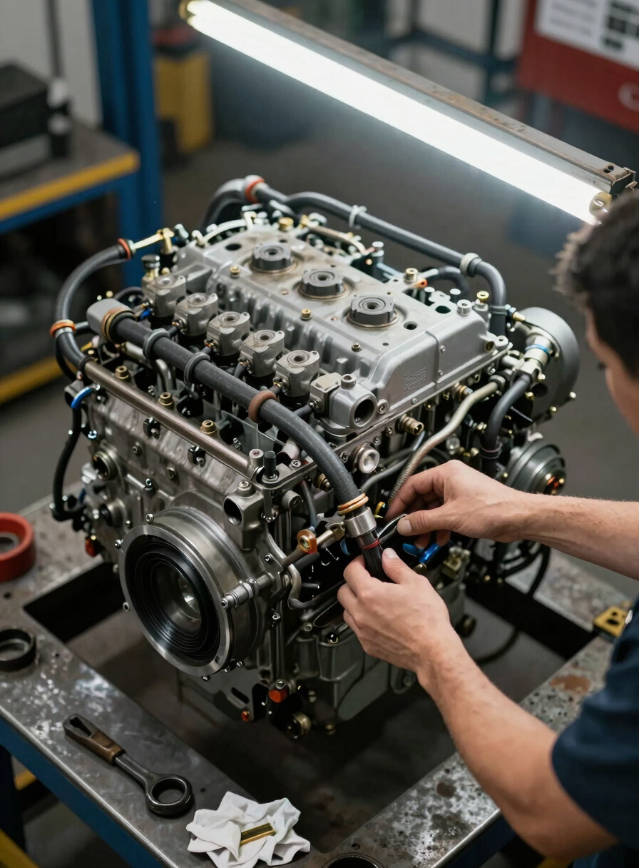 Close-up overhead shot of a diesel engine bay mid-build on a workshop lift, hands adjusting a fuel line under shop fluorescent lighting, tools and rags visible on a steel workbench beside it