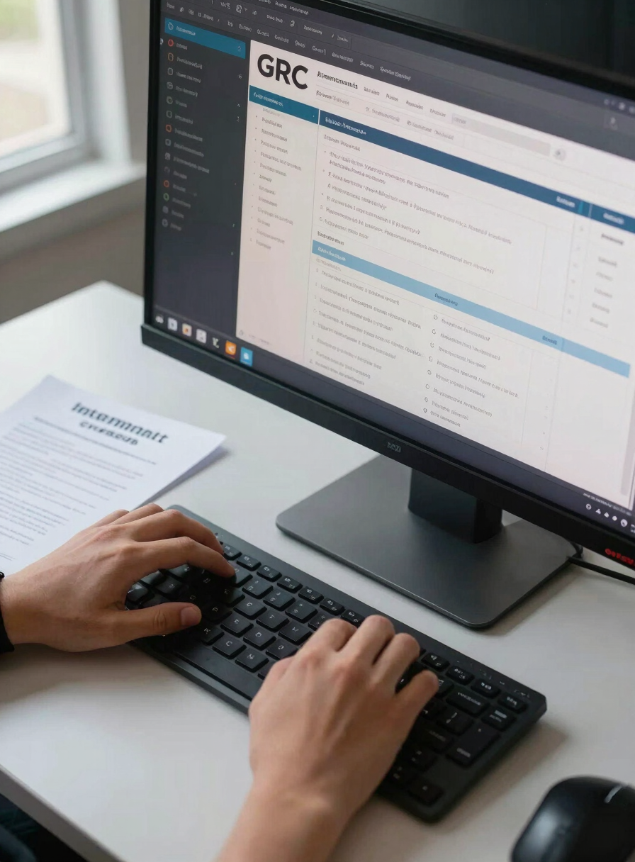Close-up overhead shot of a student's hands navigating a GRC audit platform on a large monitor, screen showing control frameworks and risk registers in a dark-themed enterprise dashboard, natural window light from the left side, a printed internship offer letter partially visible beside the keyboard on the desk